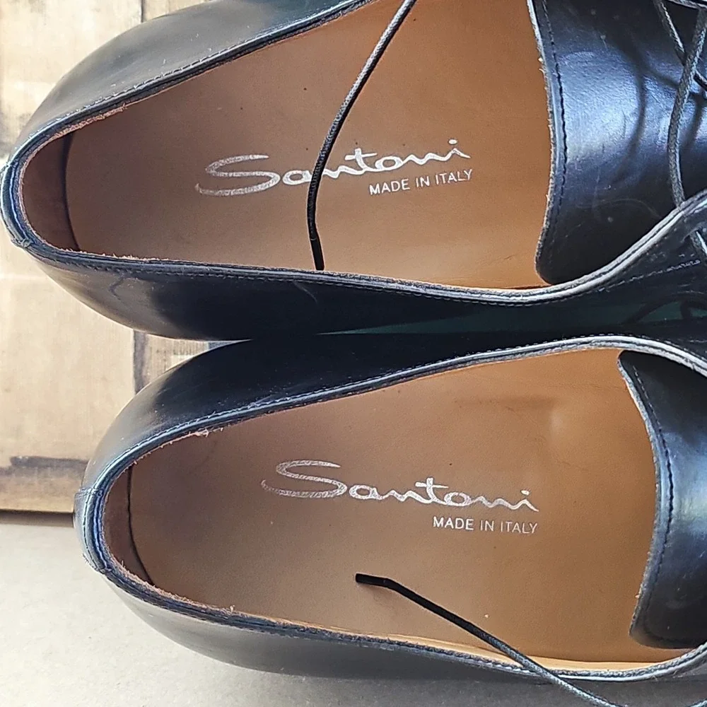 SANTONI Mens 11.5 Black Apron Toe  Dress Derby Oxfords Italy